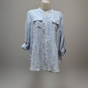 Ruby Rd Shirt Women's M Petite Medium Button Front Tab Sleeves Light Blue Blouse